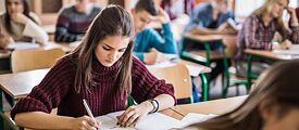 Schülerinnen und Schüler sitzen in einem Klassenraum und lernen.